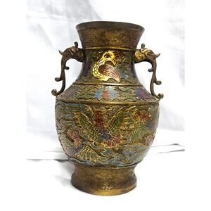 Antique Japanese Brass Champleve Enamel Vase Elephant Handles